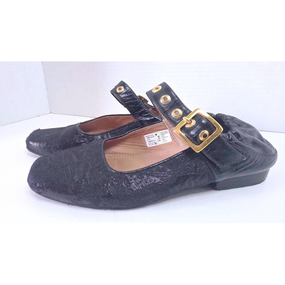 Bimba y Lola Black Brocade Mary Jane Buckle Flats Square Toe Size 37 EUR